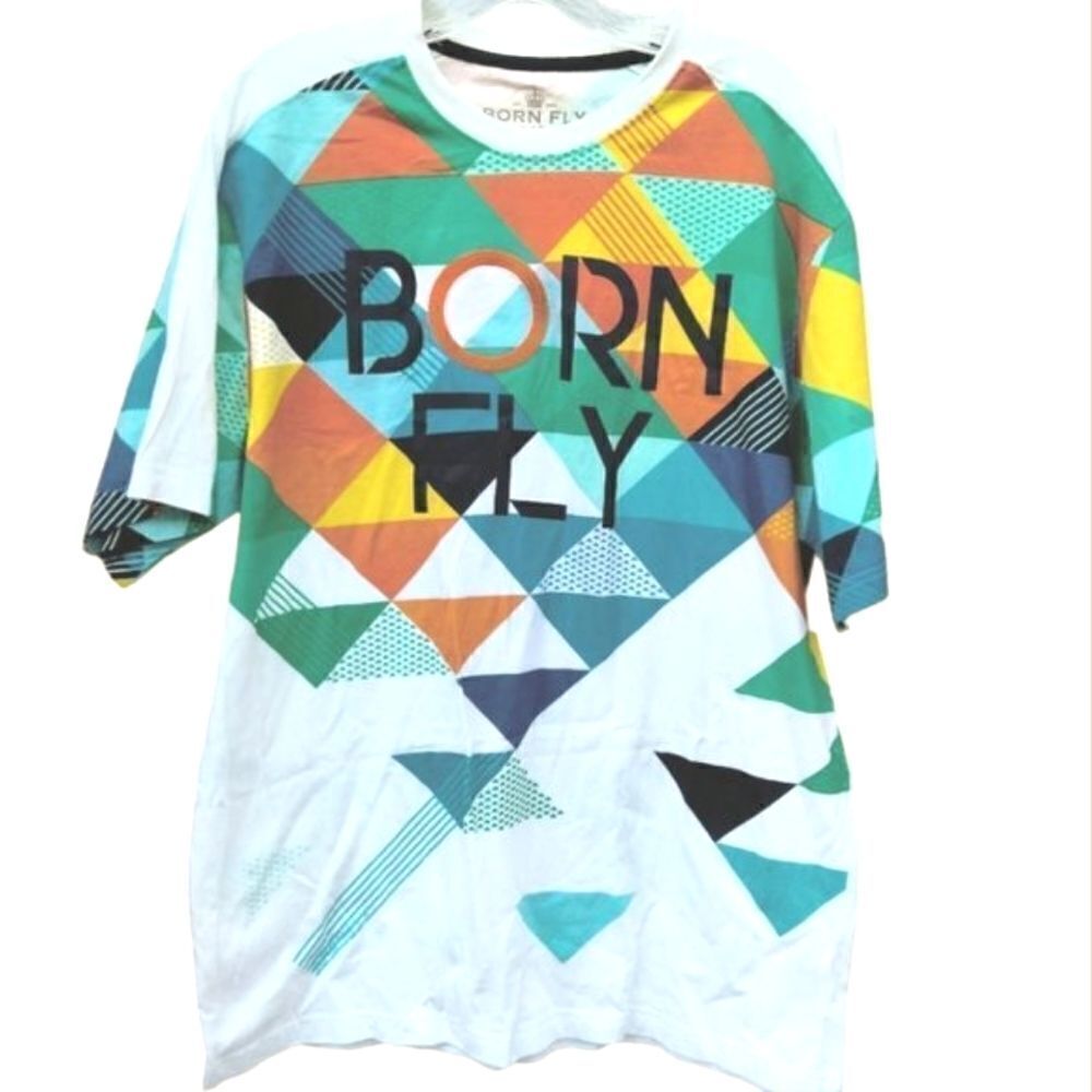 Born Fly Men's Tee Shirt Short Sleeves Size XL White with Multicolored Graphics